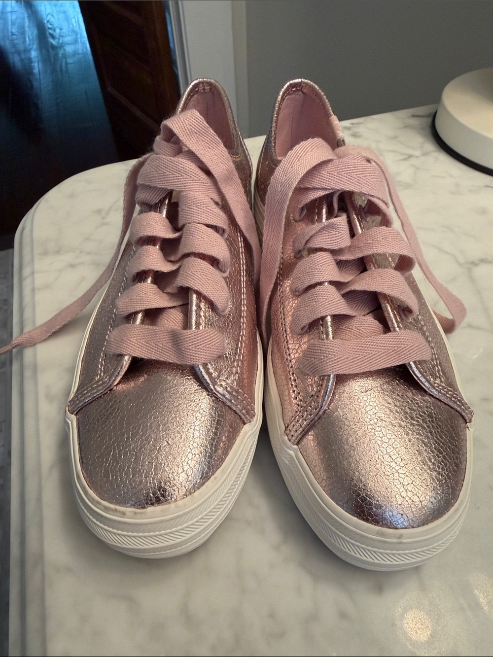 Keds Rose Gold Metallic Sneakers with Pink Laces